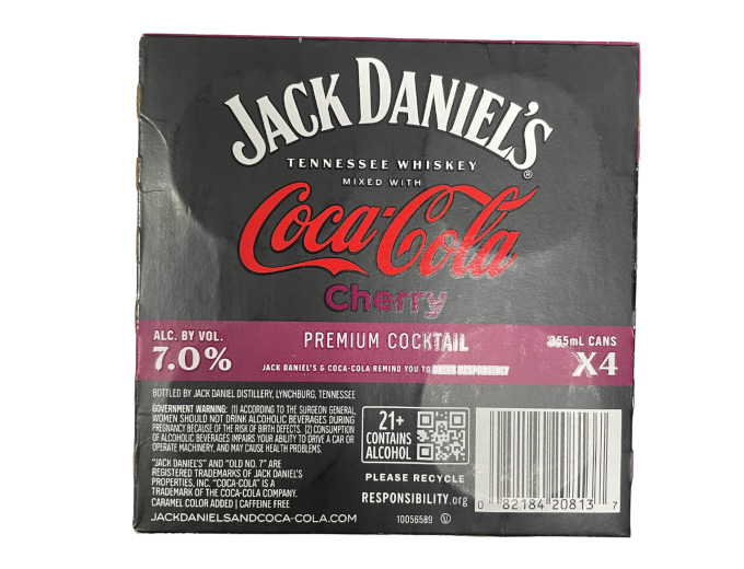 Jack Daniels Tennessee Whiskey & Coca Cola Cherry 12oz 4-Pack Can